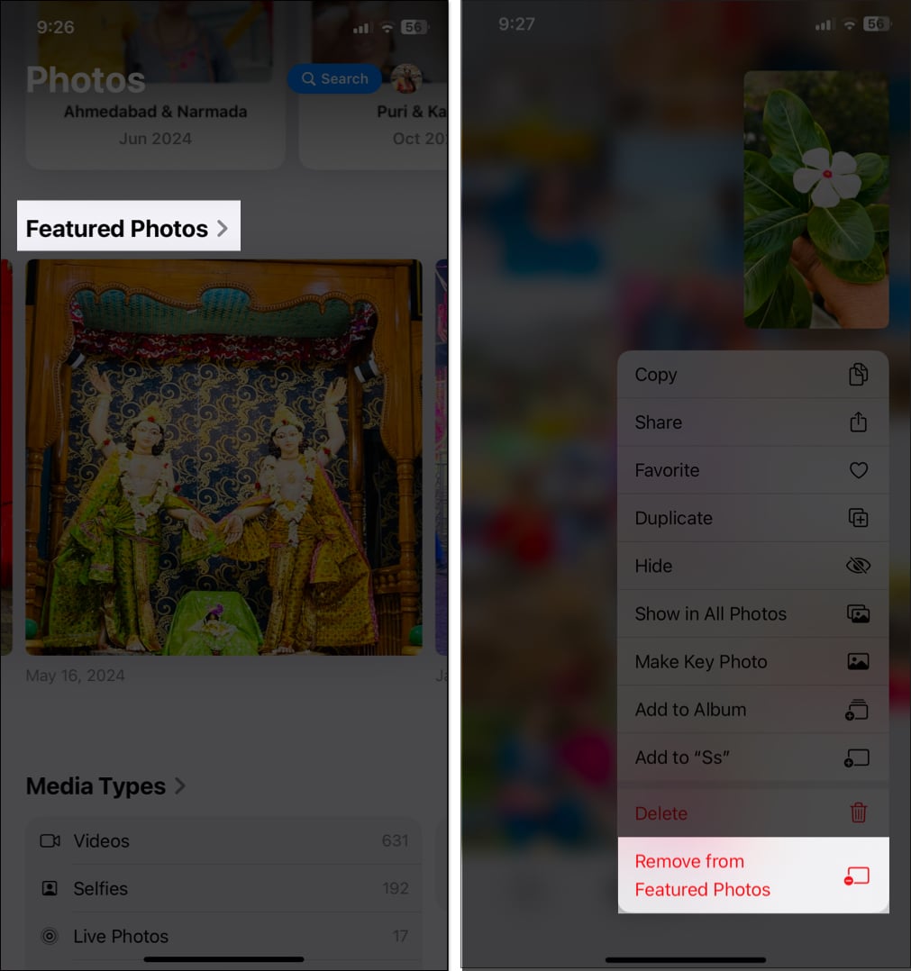 Removing image from Featured photo section in Photos app on iPhone