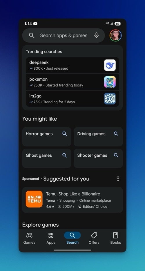 Screenshot of Google Play&amp;#039;s trending section in search