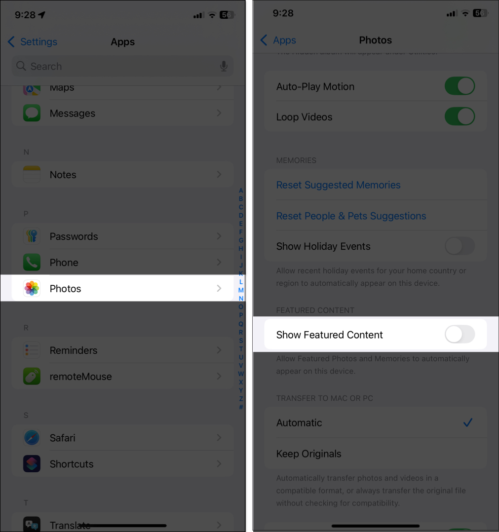 Toggling off Show Featured Content from settings app on iPhone
