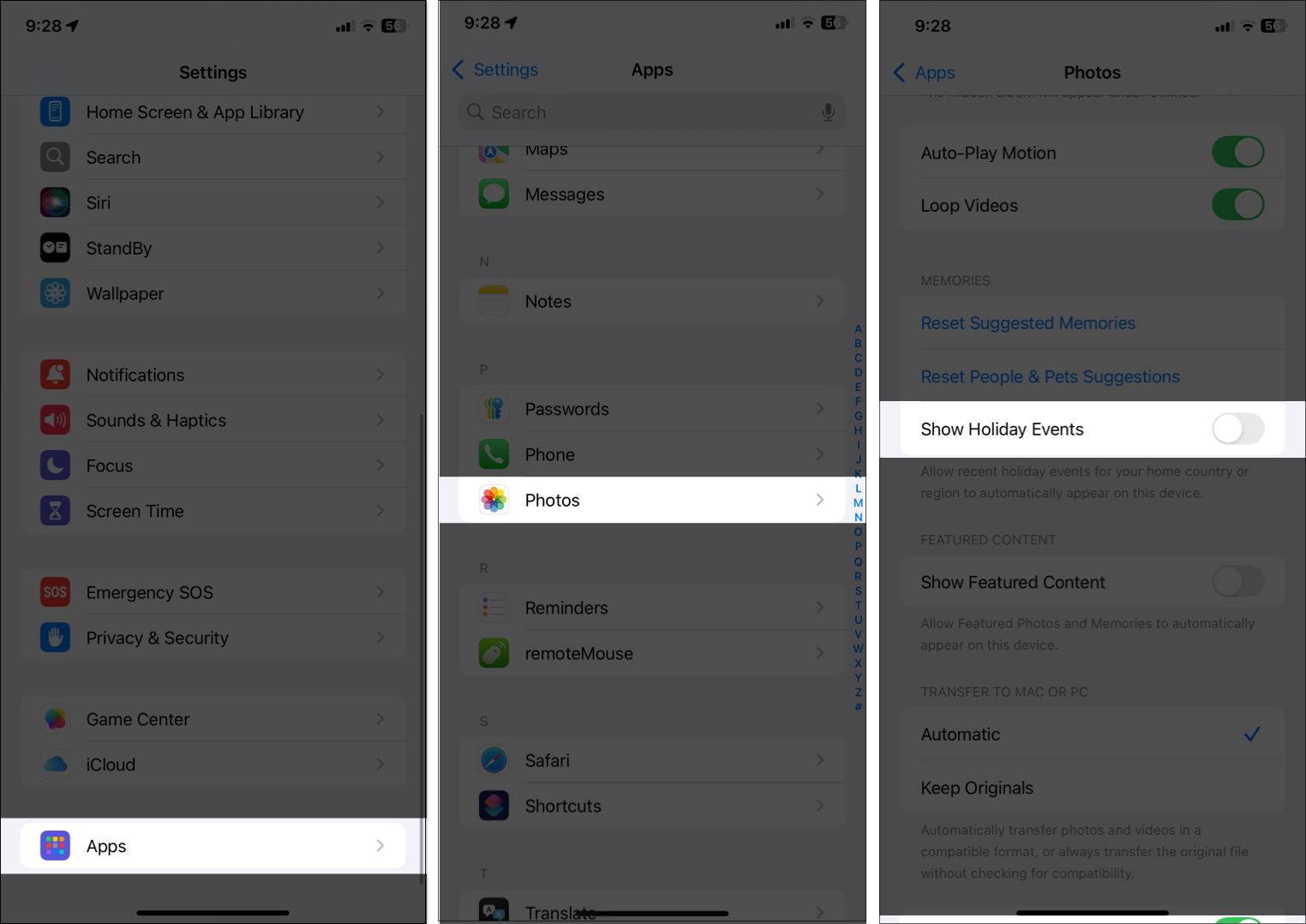 Toggling off Show Holiday Events in Photos from iPhone settings app