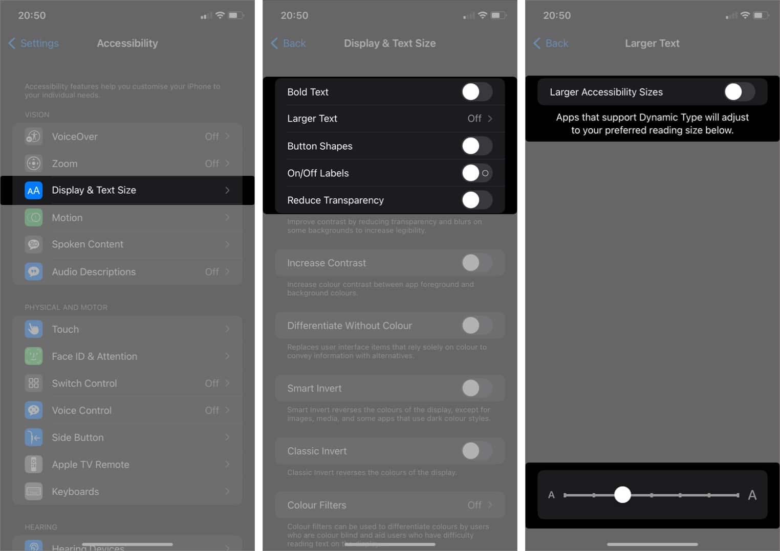 Adjust Text Size Button Shapes in Accessibility from iPhone