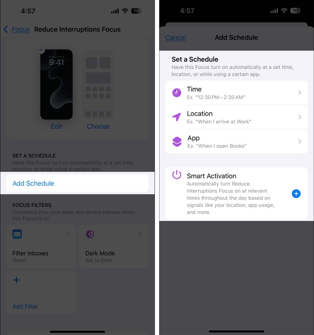 Setting up a schedule to automatically turn on the Reduce Interruptions Focus mode on an iPhone