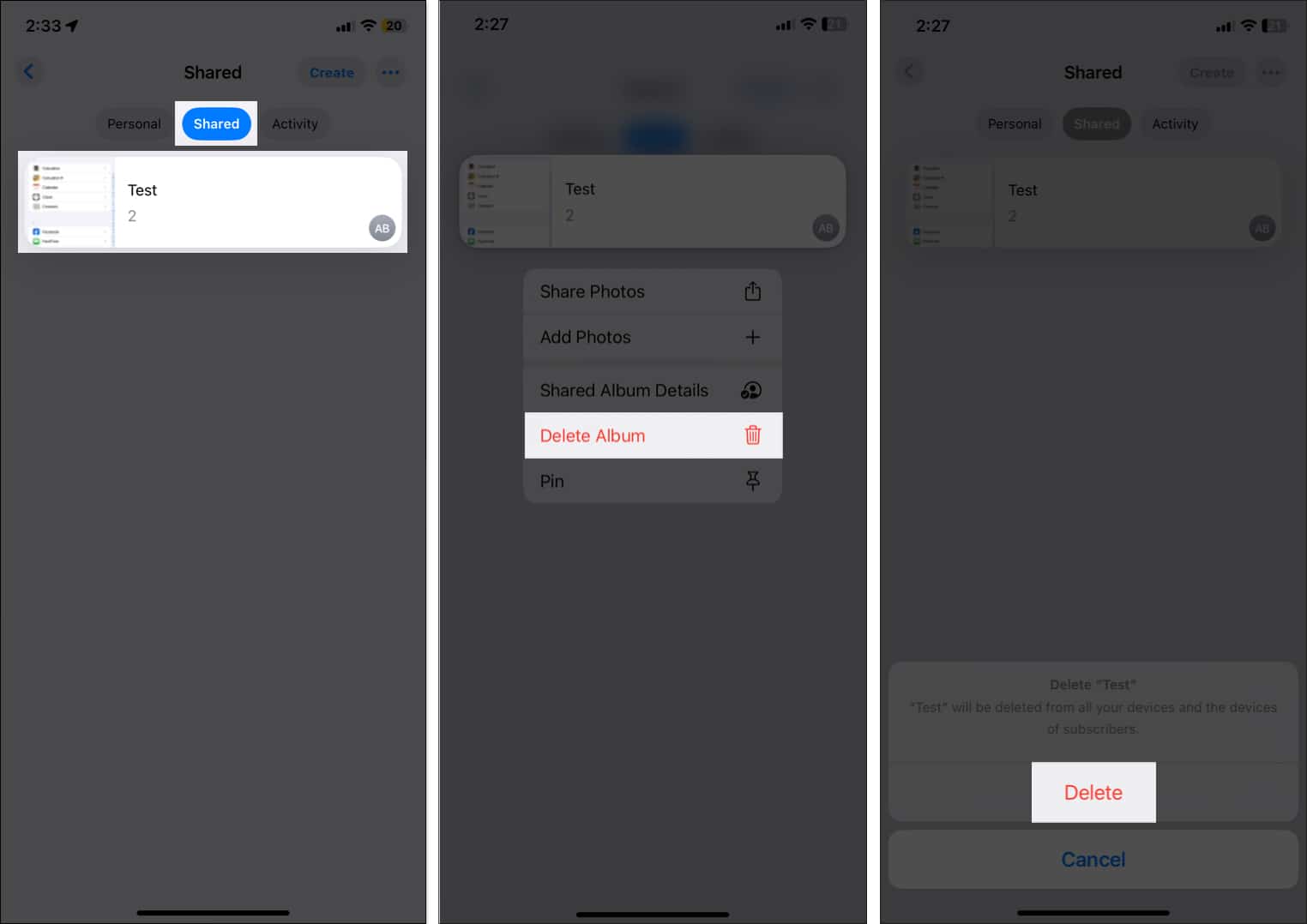 Deleting Shared album from Photos app on iPhone