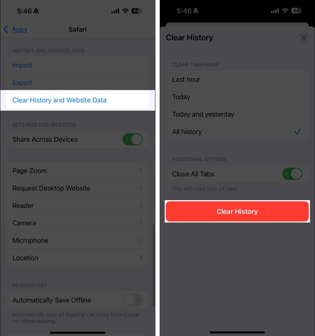 Clear history and website data in Safari on iPhone