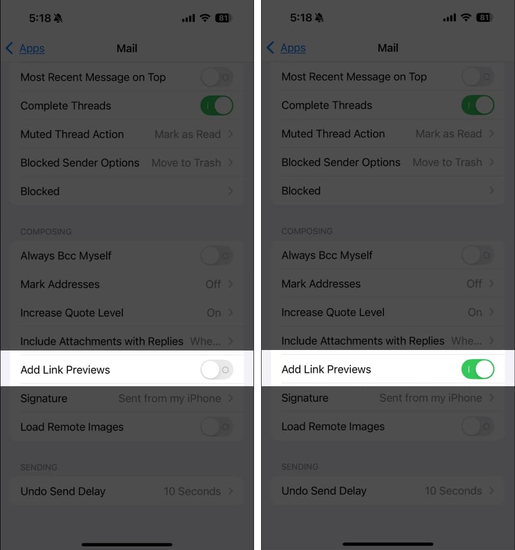 Toggle on Add Link Previews in iOS Mail app Settings