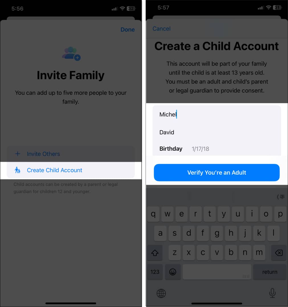 Creating child account from iPhone settings app