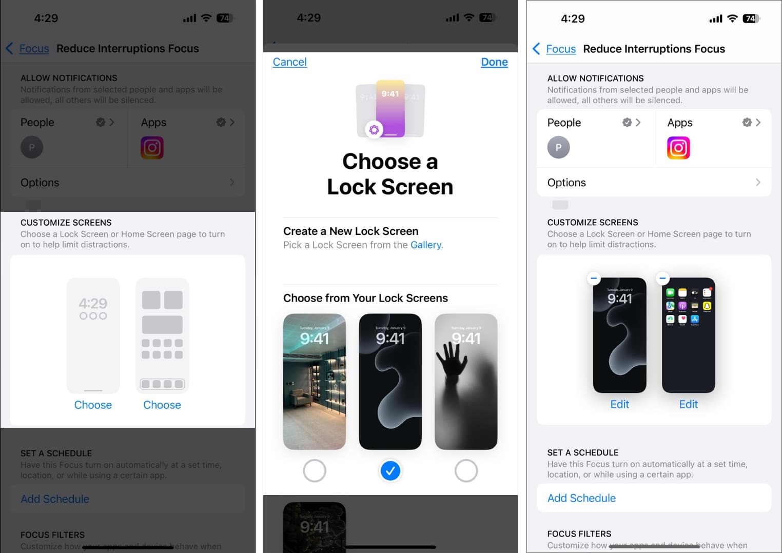 Choosing a Lock Screen and Home Screen for the Reduce Notifications Focus mode