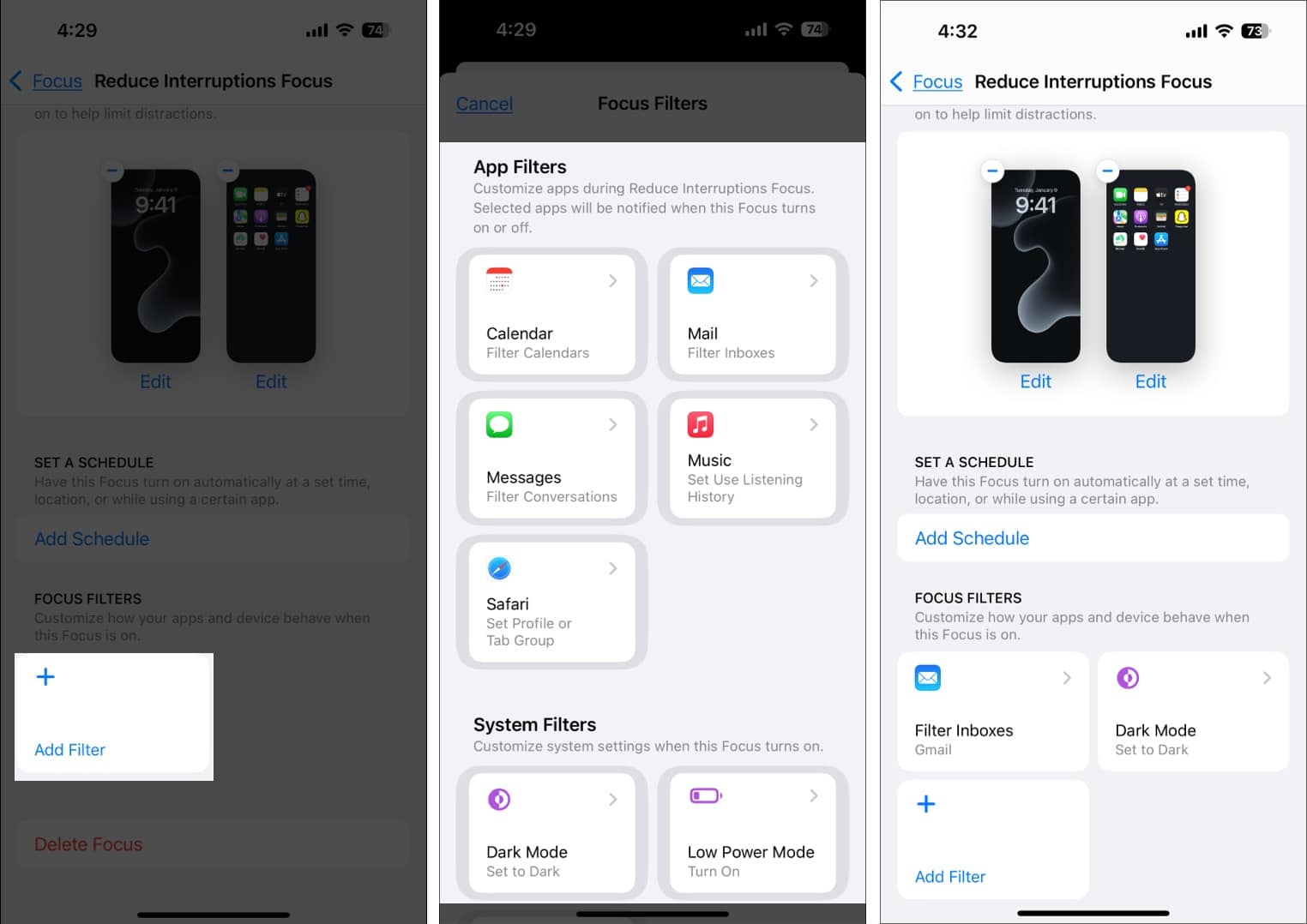 Adding filters for the Reduce Interruptions Focus mode on an iPhone