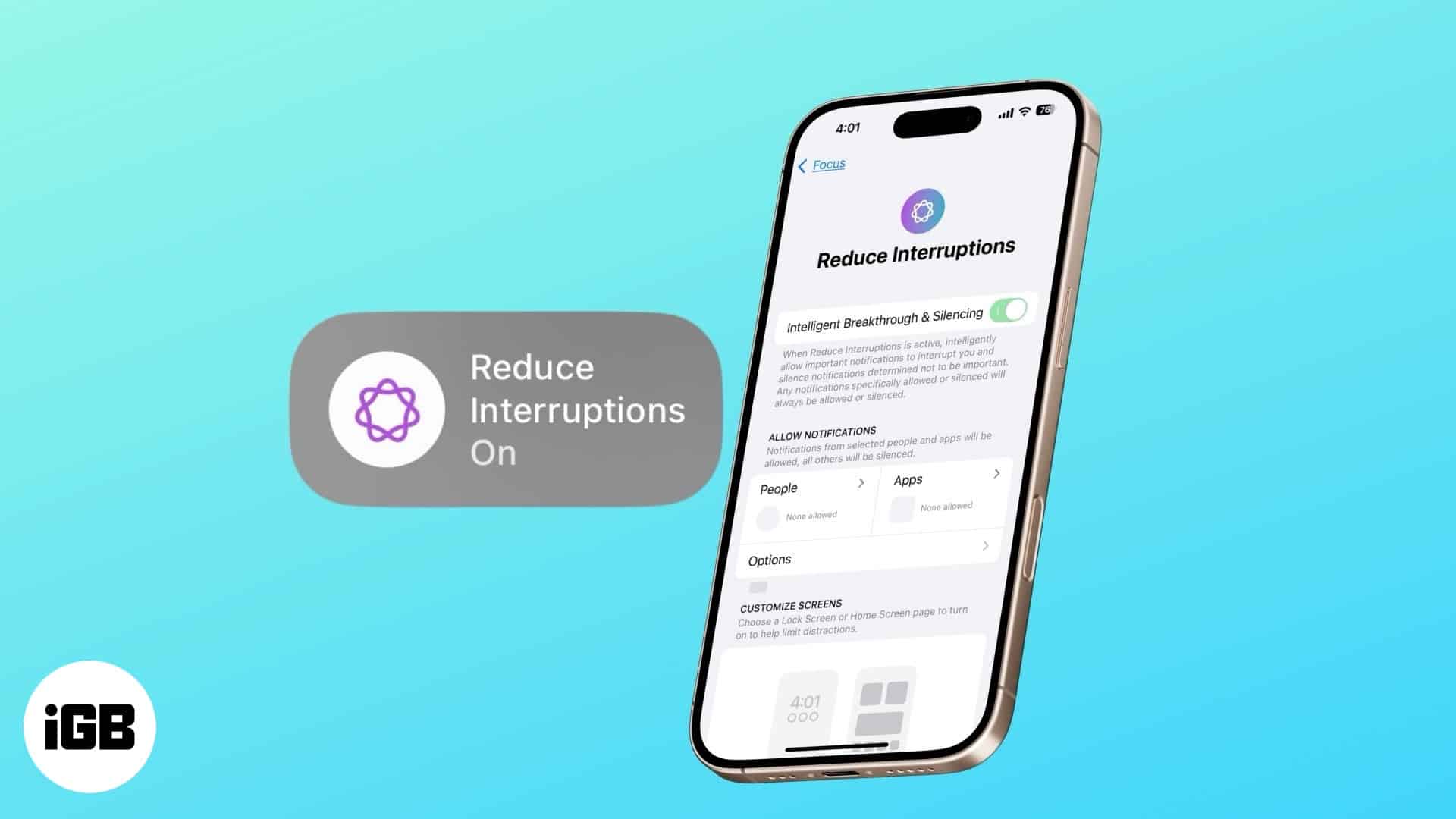 Reduce Interruptions Focus mode on an iPhone