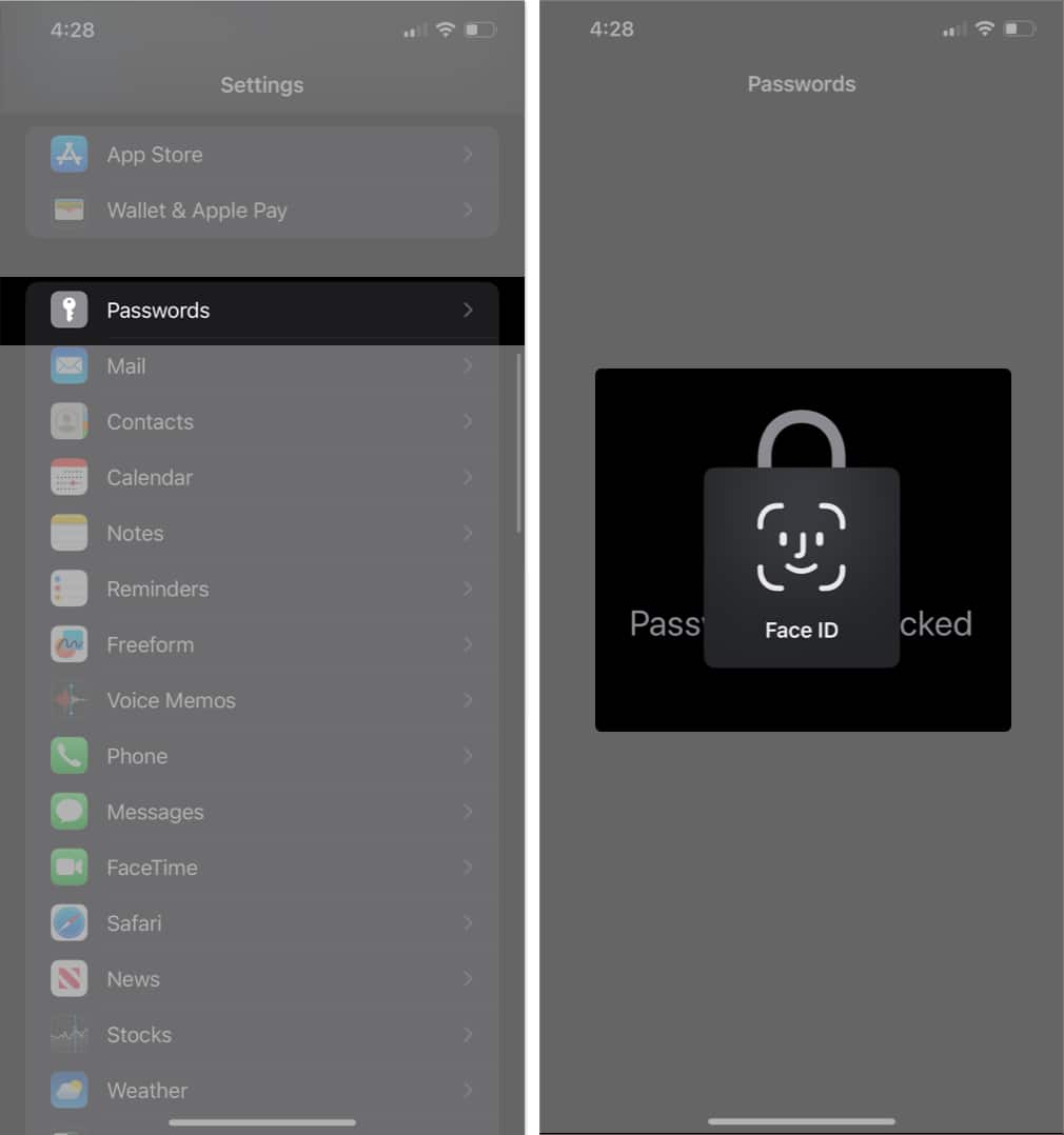 Unlocking access to view saved passwords in the Settings app