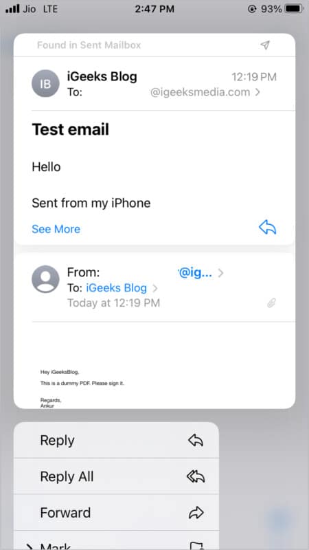 Use long press to preview Mail app content