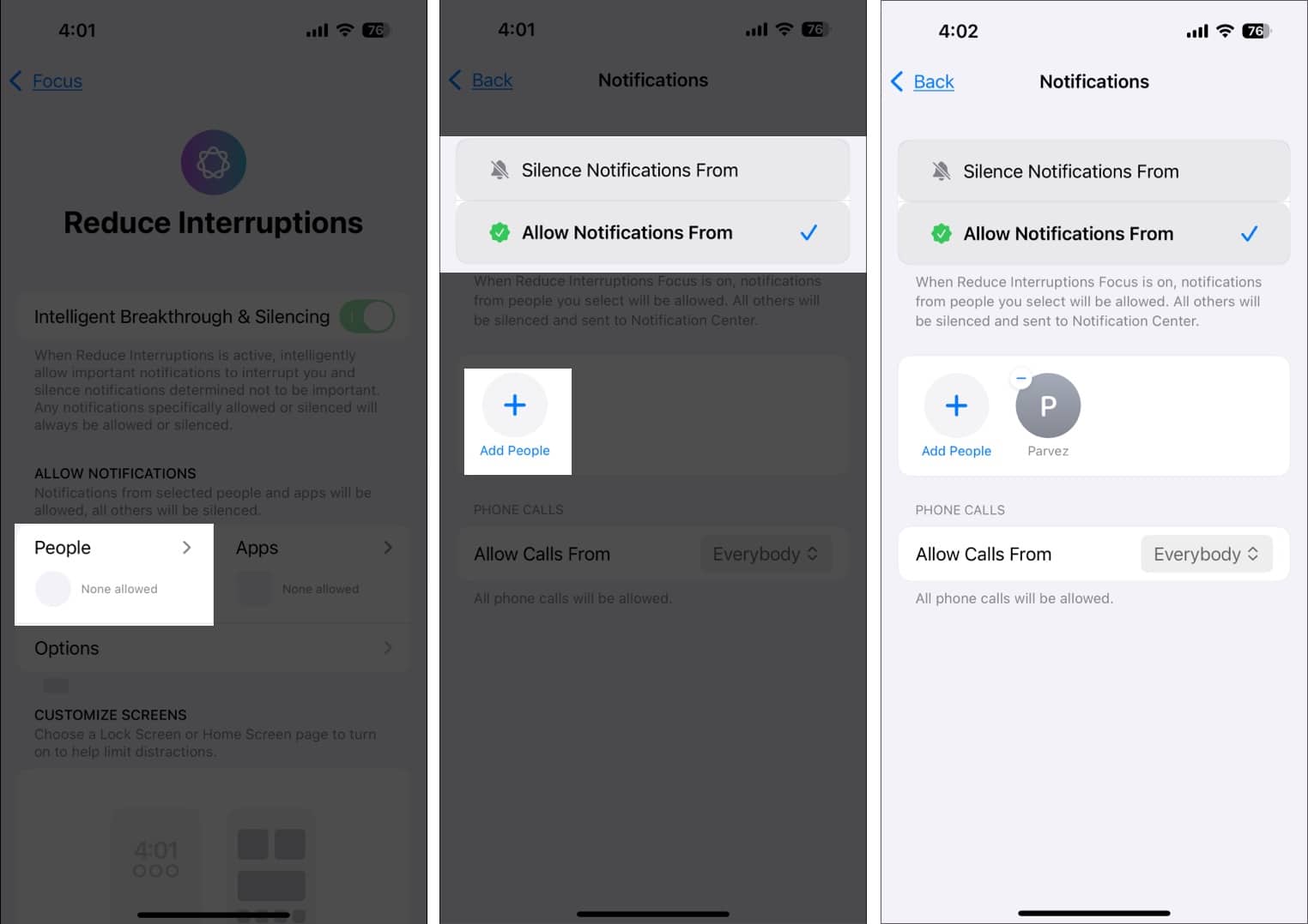 Choosing people to allowsilence notifications from for the Reduce Interruptions Focus mode