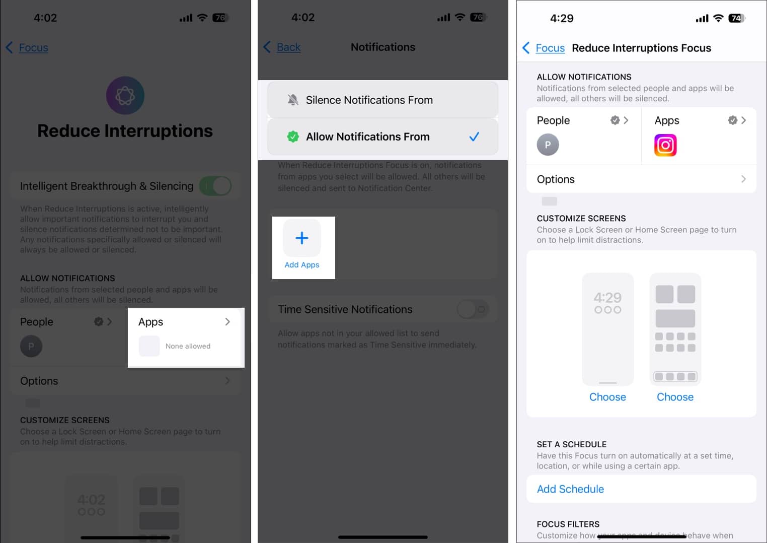 Choosing apps to allowsilence notifications from for the Reduce Interruptions Focus mode
