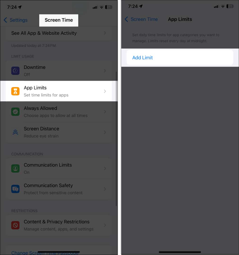 select app limit from screen time settings and tap on add limit