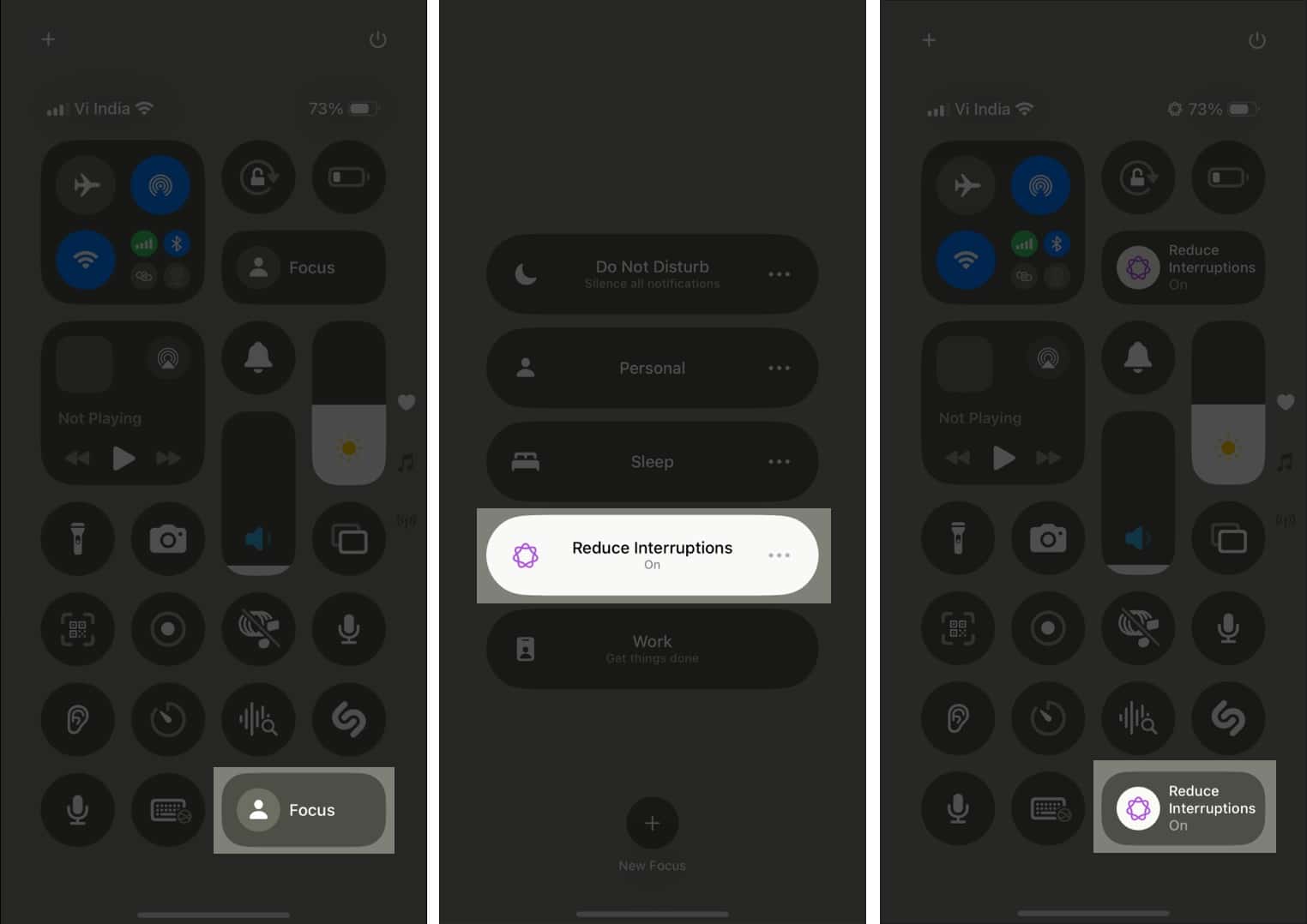 Toggling the Reduce Interruptions Focus mode from the iPhone Control Center