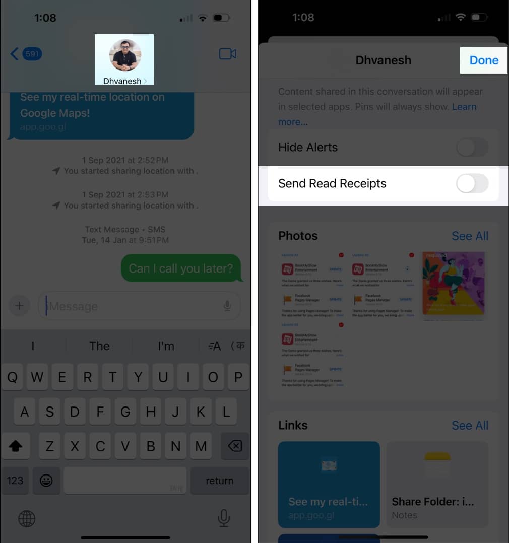 Disable read receipts for a contact in Messages on iPhone