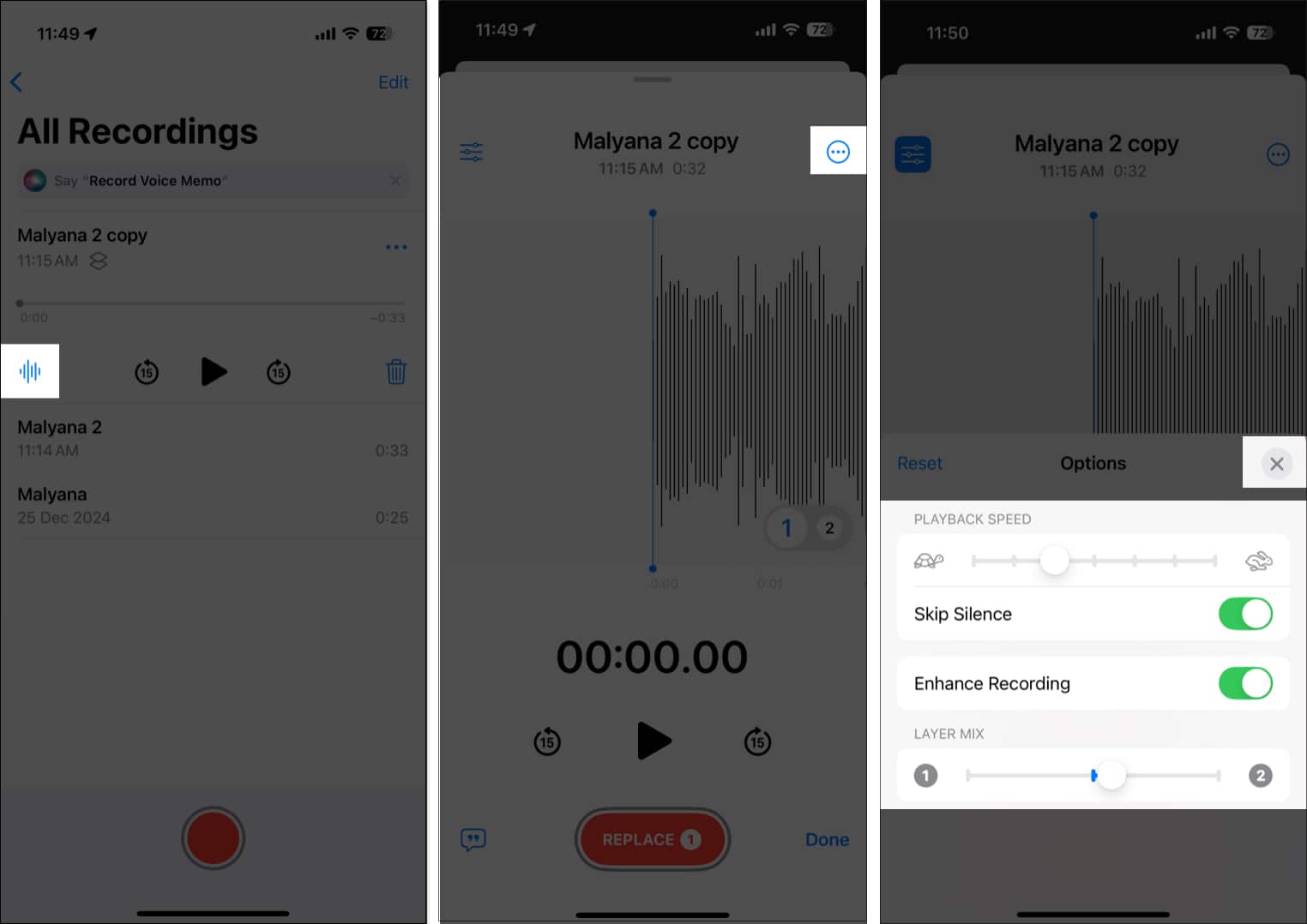 Editing layered voice memo on iPhone