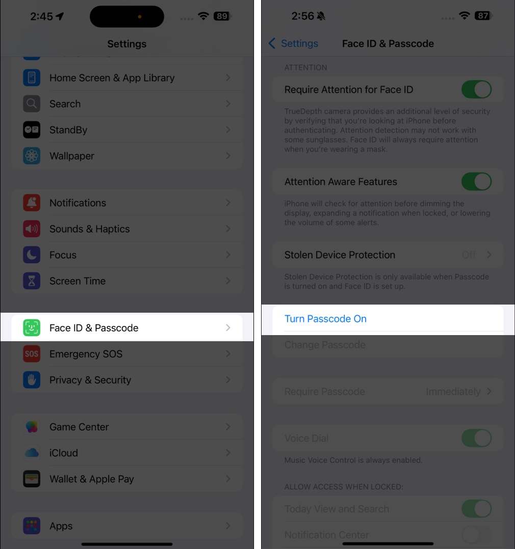Enabling passcode in iOS Settings app on an iPhone