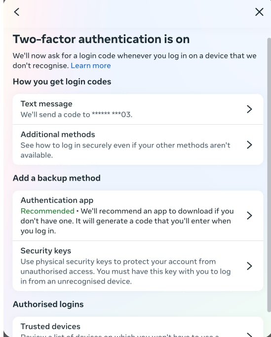 Select ways to get two factor authentication in Facebook