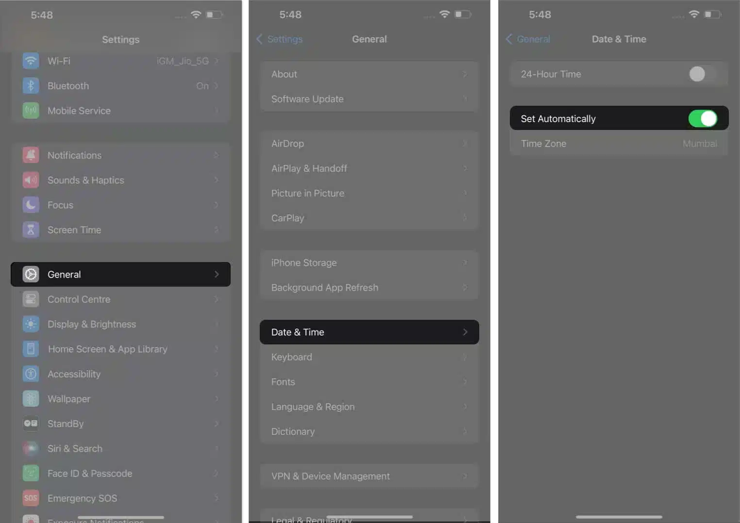 Tap general date and time toggle on set automatically in settings