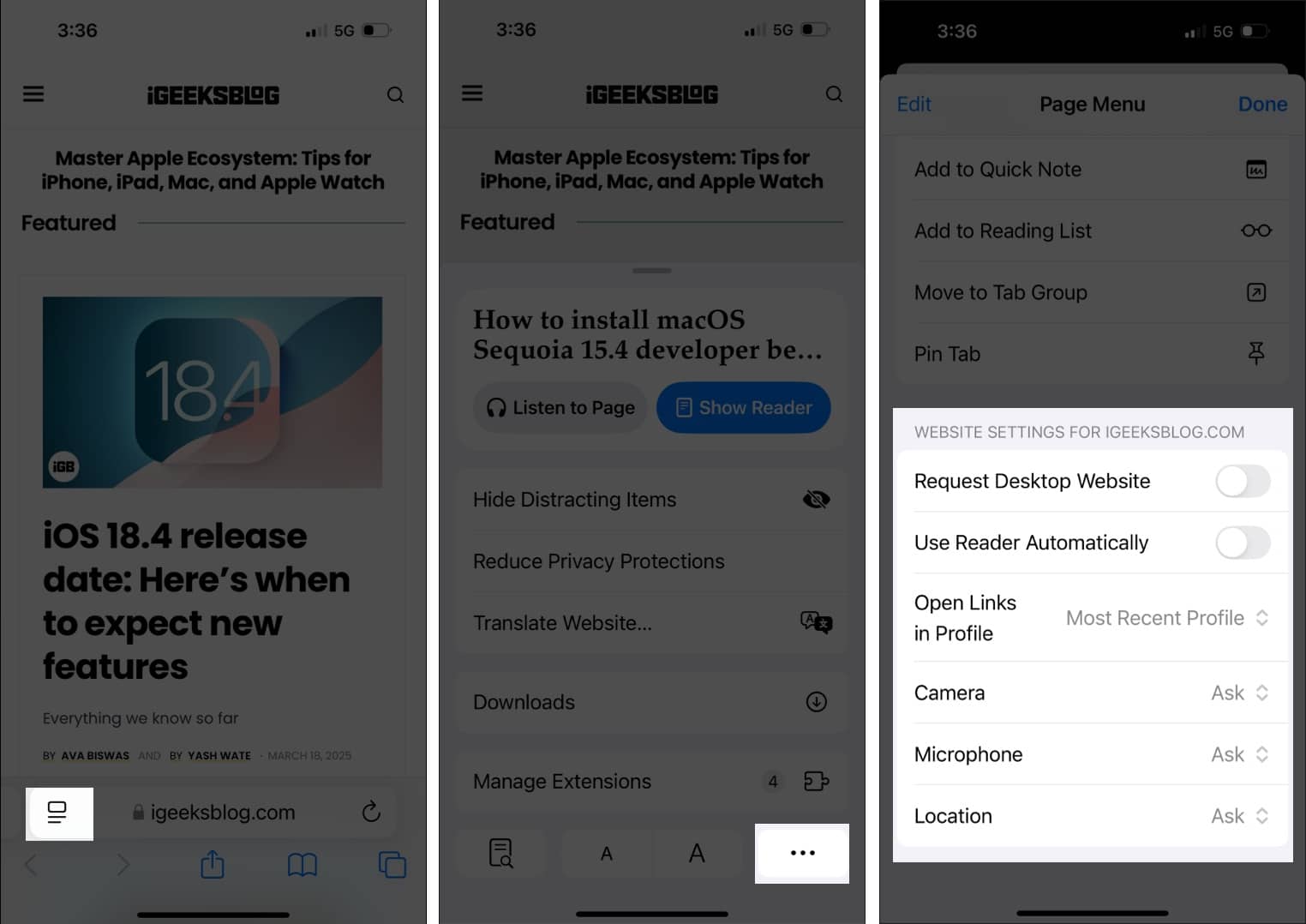 Steps to change Safari settings for individual websites on iPhone