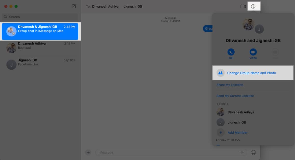 Accessing the Change Group Name and Photo option for a group chat in macOS Messages app