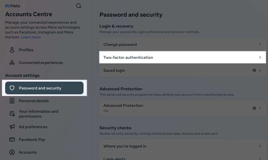 Select Two Factor authentication in Facebook