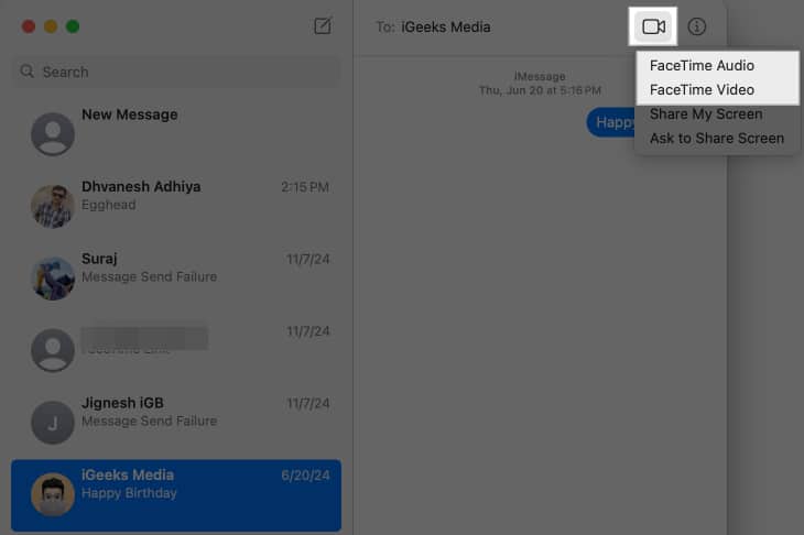 FaceTime Video and FaceTime Audio options in a conversation in macOS Messages app