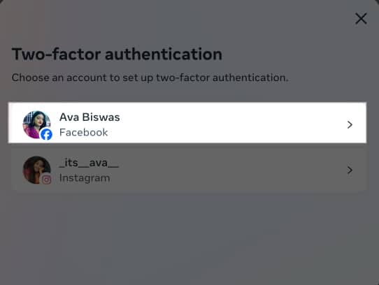 Select Facebook account to set two factor authentication