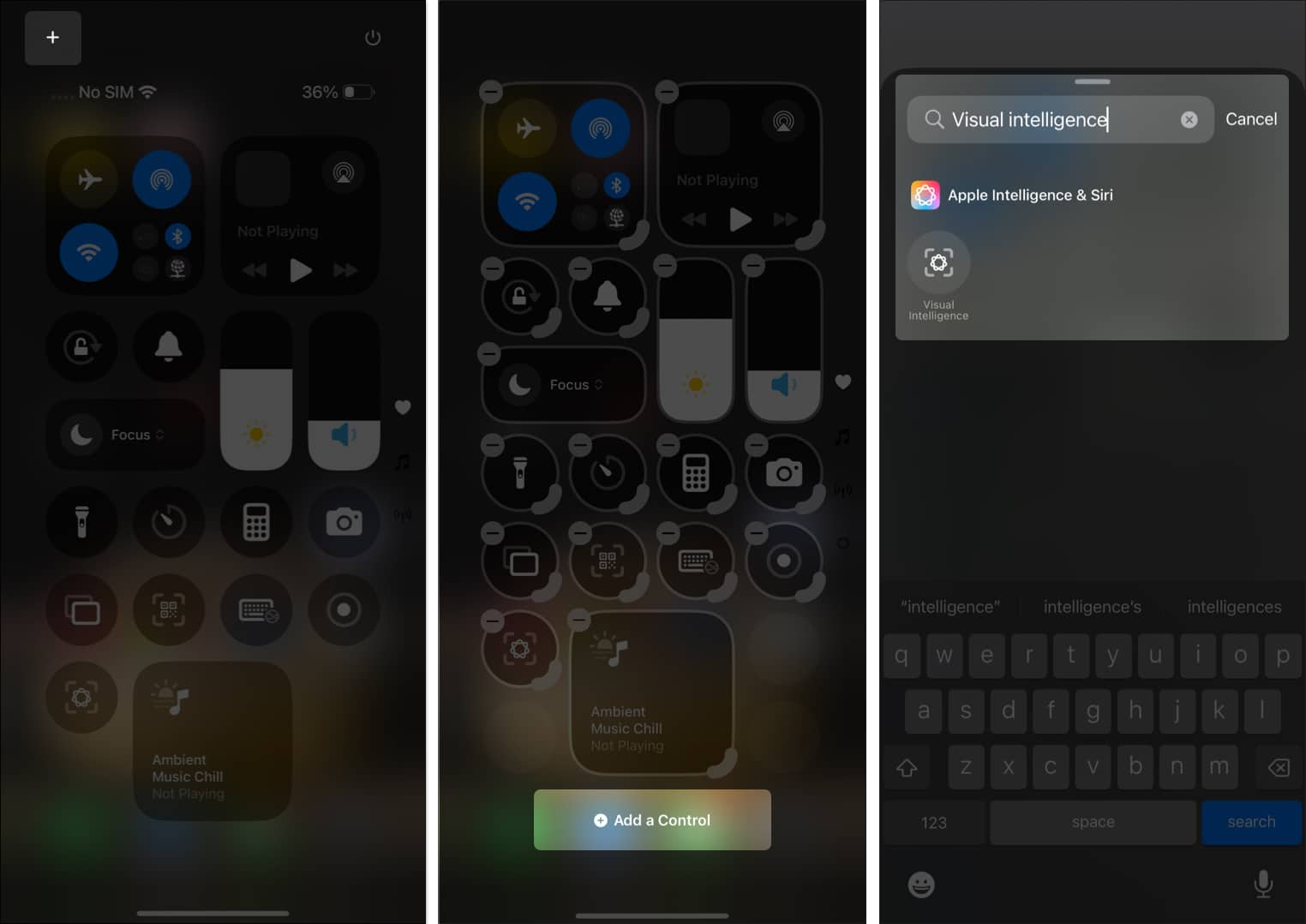 Adding the Visual Intelligence functionality to the Control Center on an iPhone