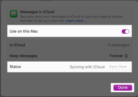 Syncing Messages to iCloud on a Mac