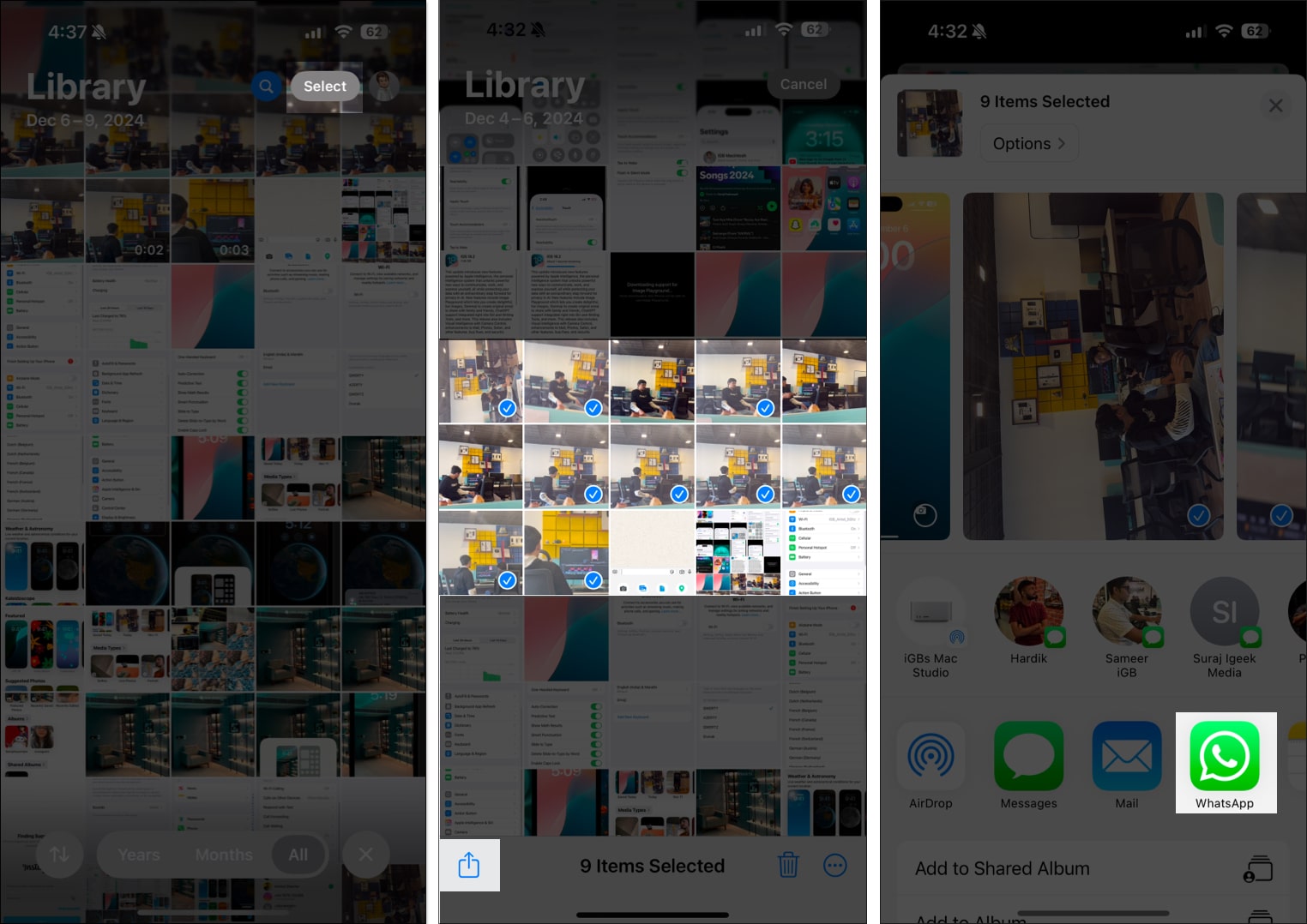 Selecting images to share in the Photos app and choosing WhatsApp in the Share Sheet