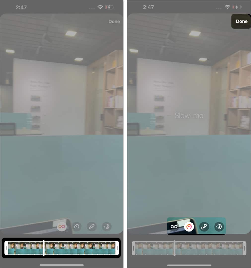 Tap video trimming tool select effects tap Done