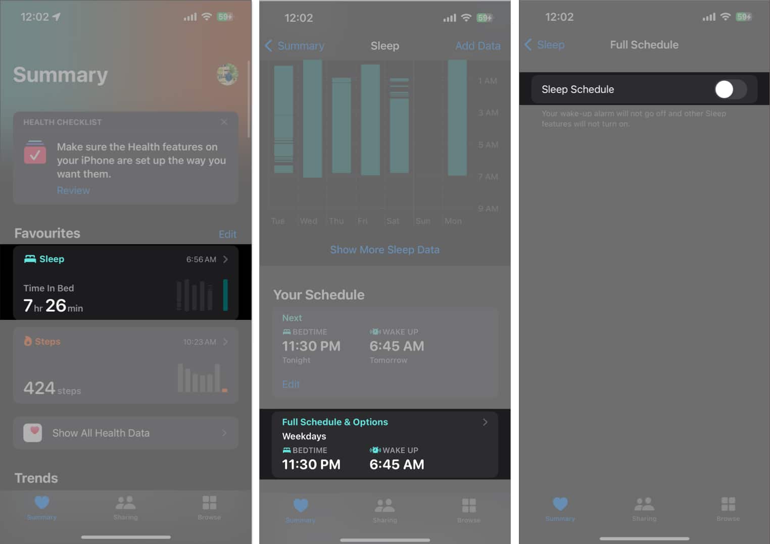Go to Health Sleep Full Schedule Options Toggle off Sleep Scheule