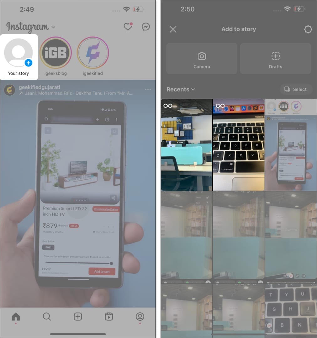 Tap your story select live photo