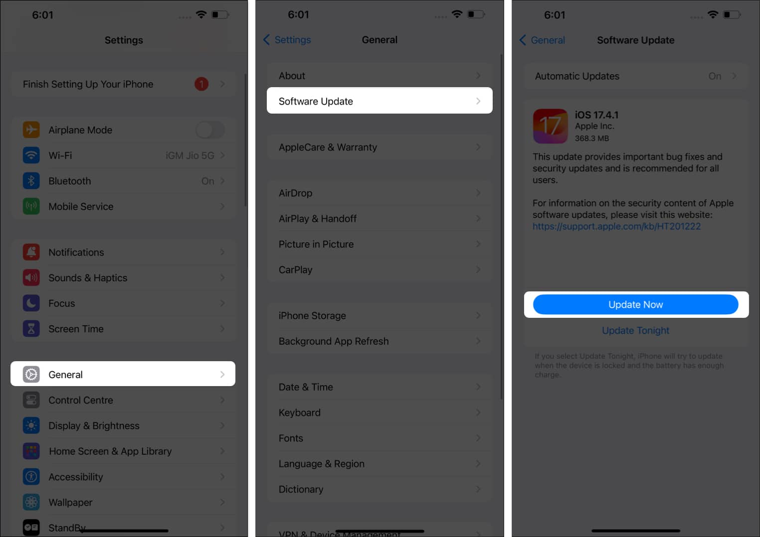 Go to General select Software update tap on Update Now