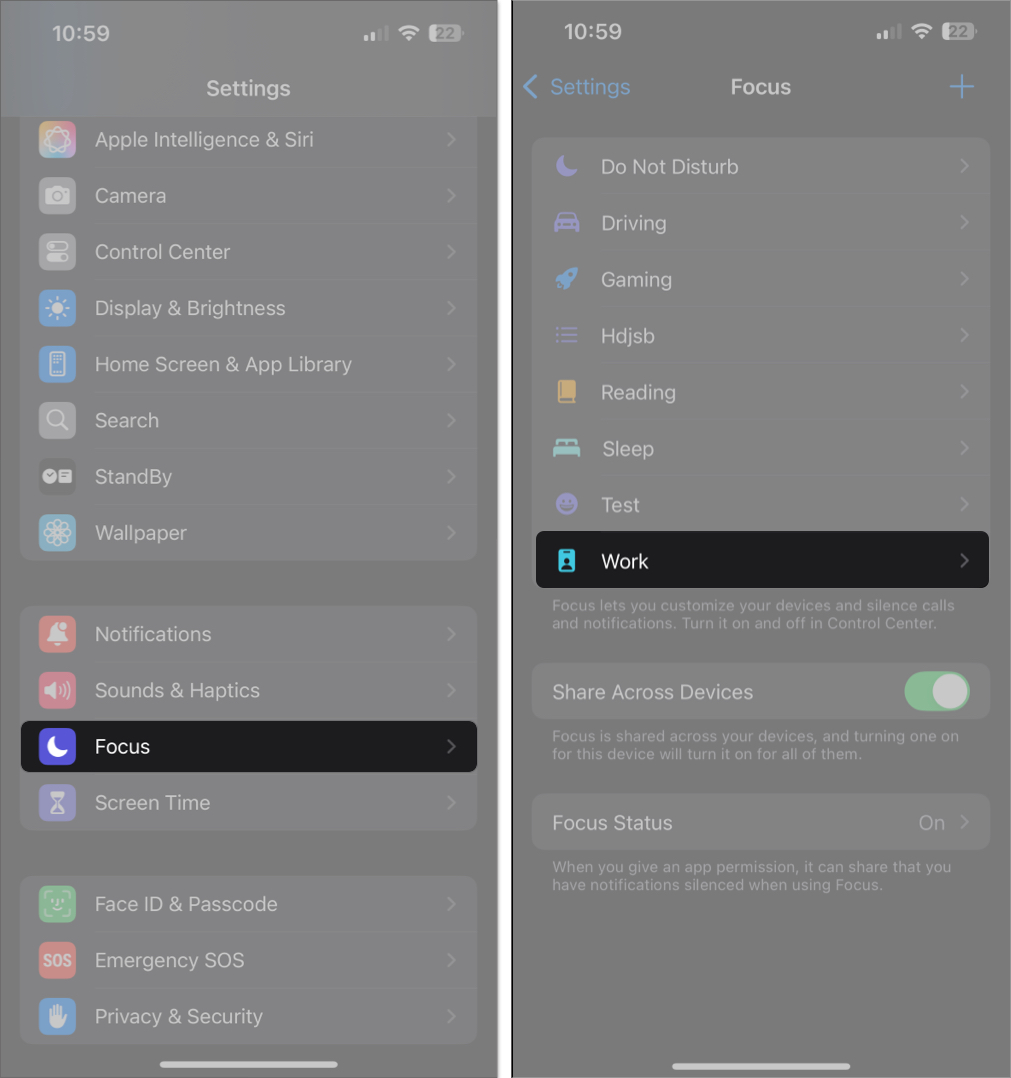 Accessing Focus settings on an iPhone