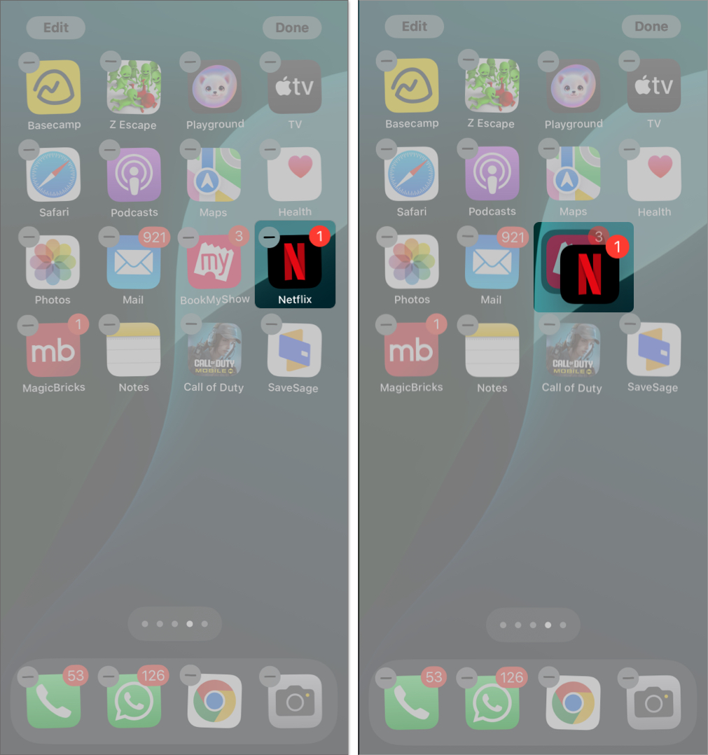 Dragging an app onto another to create a folder on the iPhone Home Screen