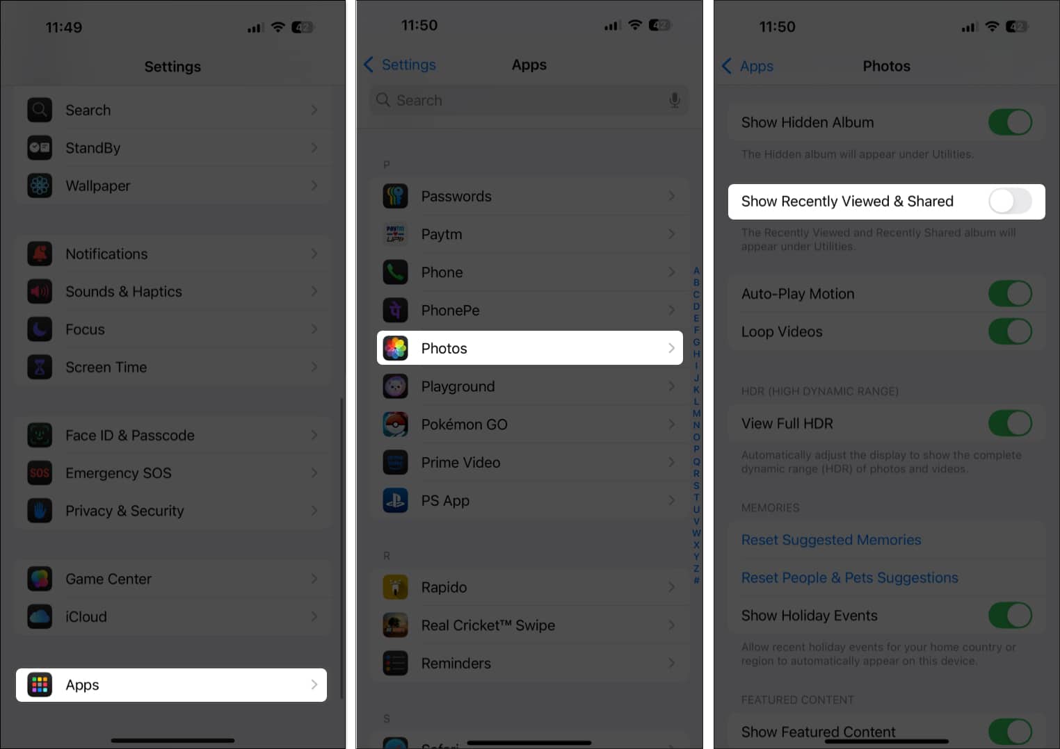 toggling off the recently viewed option from the settings on iPhone