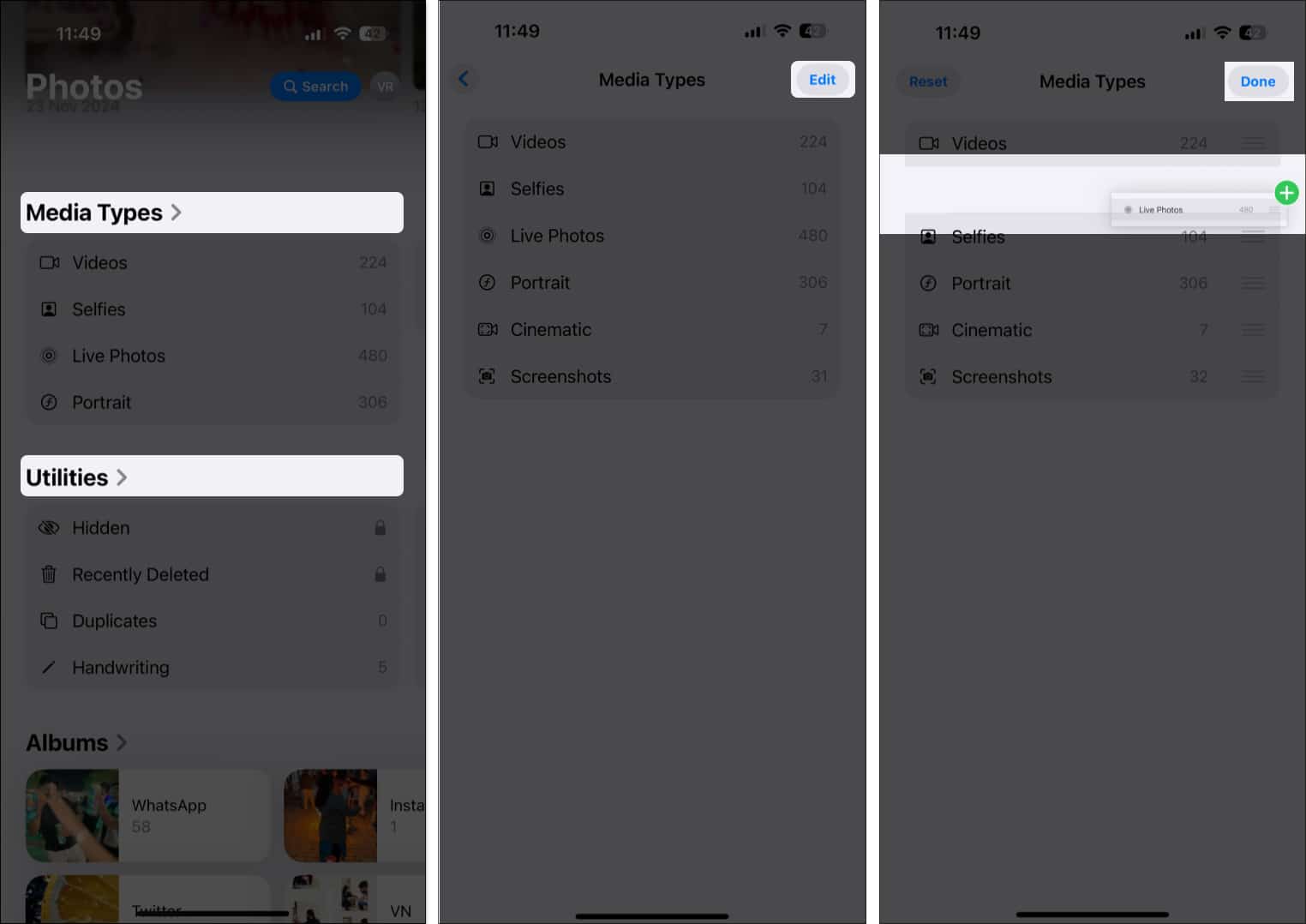 reordering the items in the media types in the photos app on iPhone