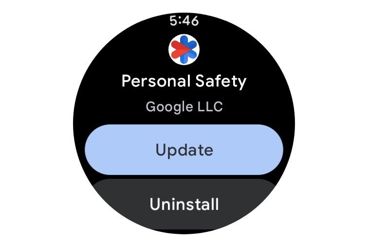 Screenshot from the Pixel Watch 3 Play Store showing an update available for the Personal Safety app
