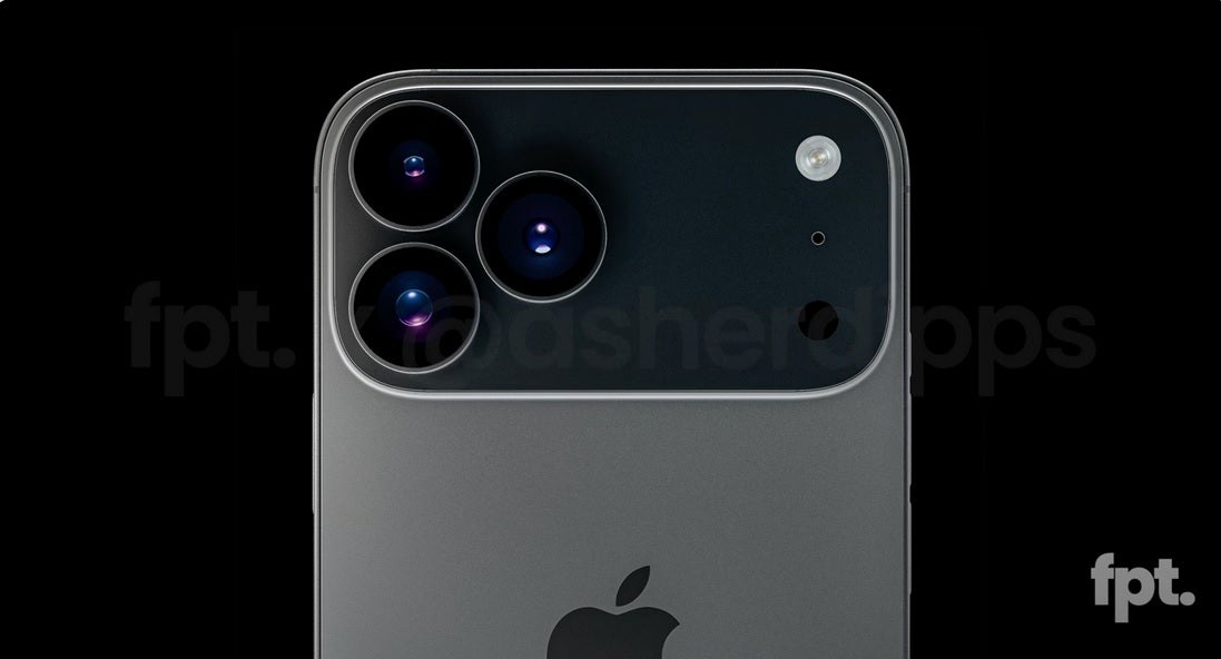 A render of the iPhone 17 Pro showing a two-tone rear camera bar.