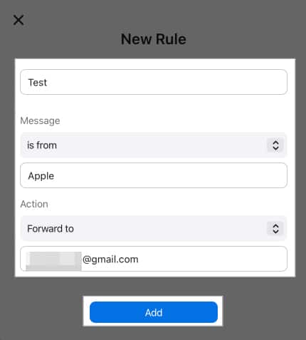 Adding a rule to forward iCloud mail to gmail