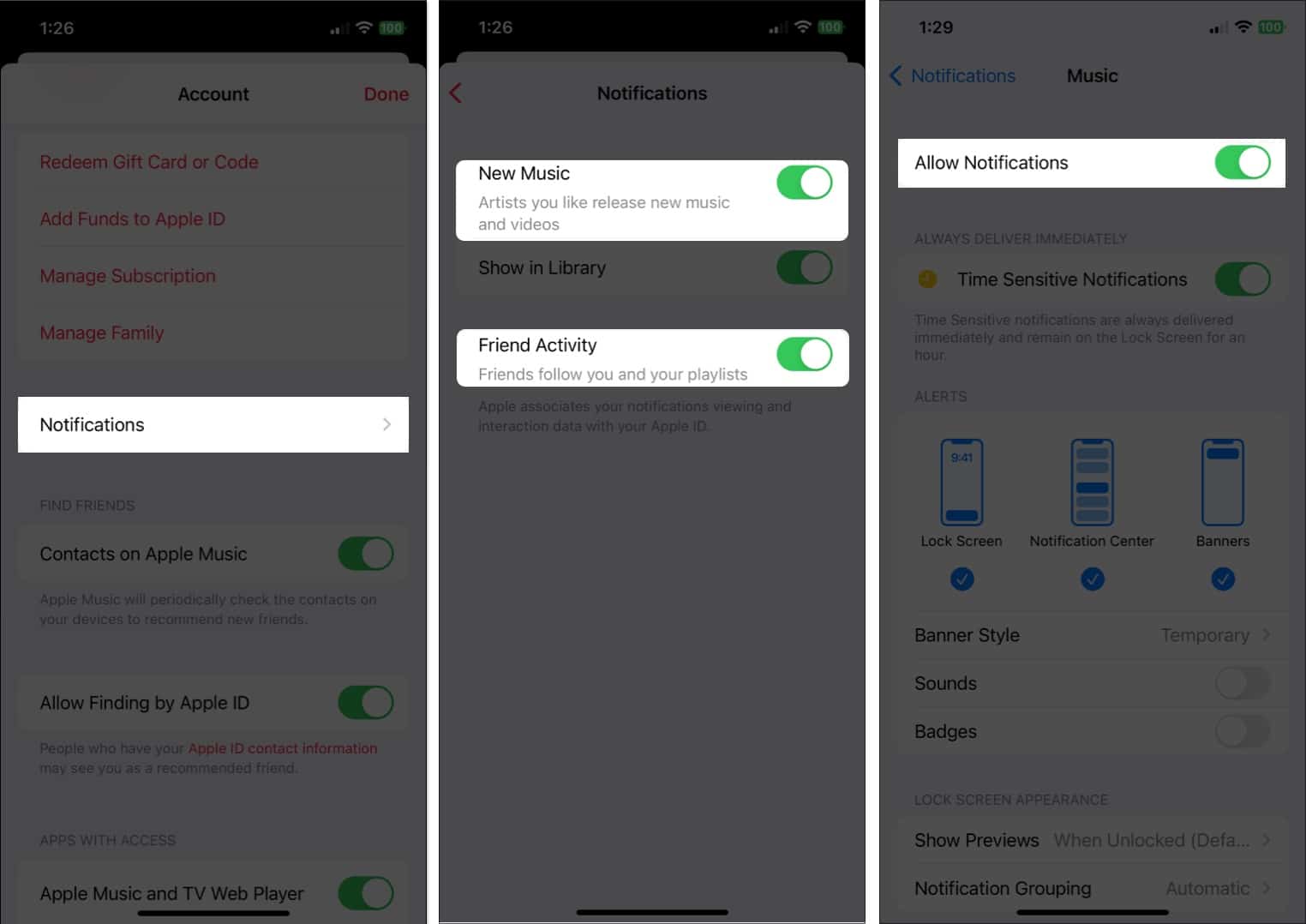 Notifications allow music allow notifications