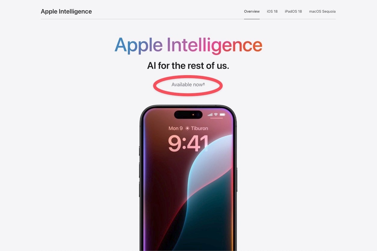 Screenshot of Apple Intelligence &amp;quot;available now&amp;quot; statement on Apple’s site