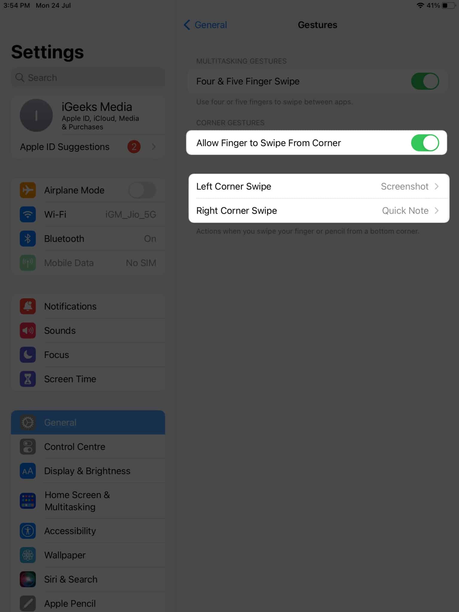 How to take screenshots on your iPad using gestures Toggle on Allow Finger to Swipe From Corner Left Corner Swipe and Right Corner Swipe in iPad settings