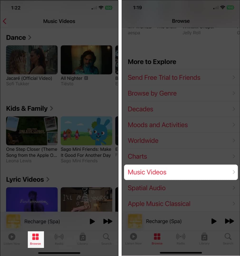 Tap browse music videos in settings app
