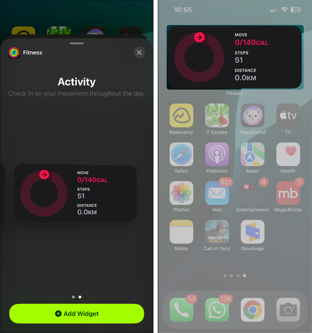 Searching and adding a Fitness widget to the iPhone Home Screen