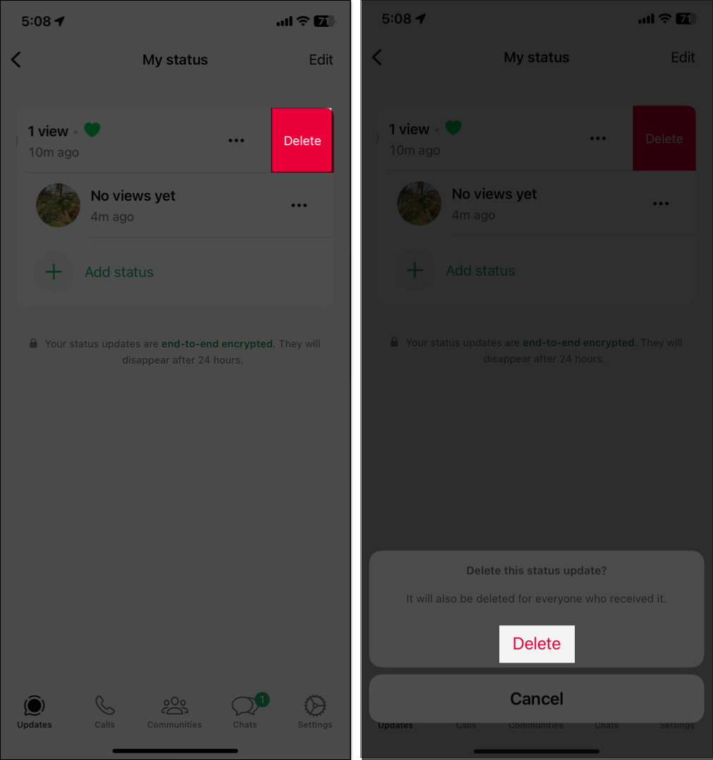 Swipe left to delete your status on WhatsApp