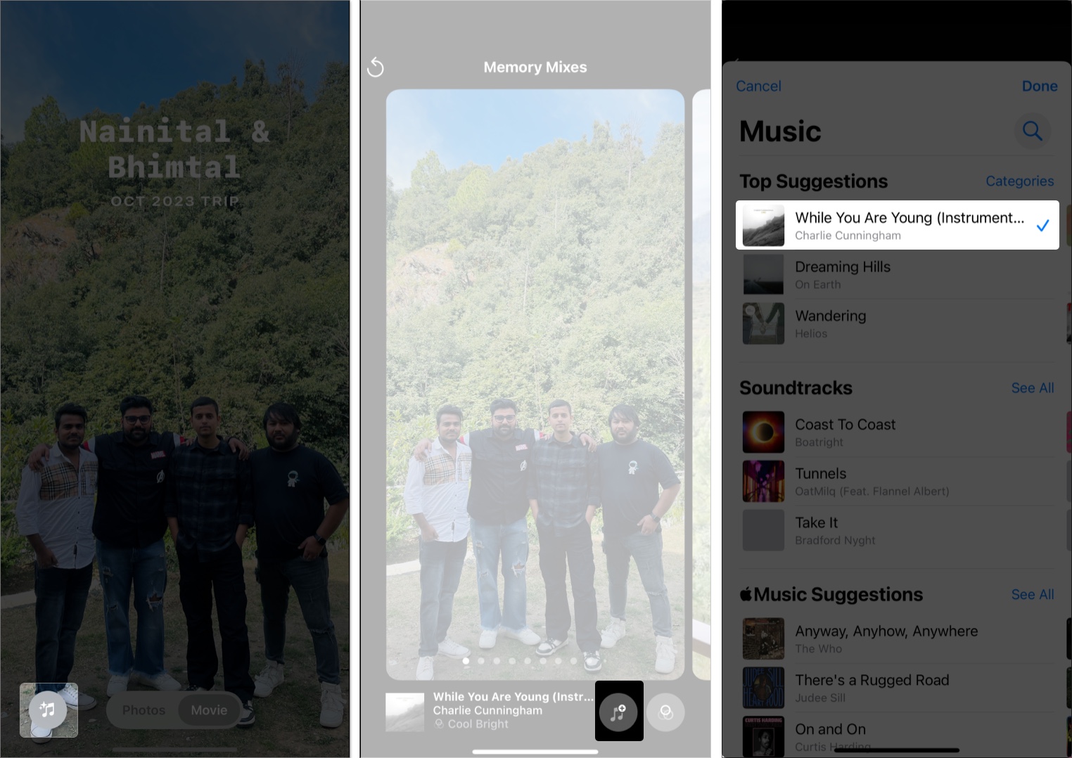 Tap Add music in photo memory in iPhone Photos App
